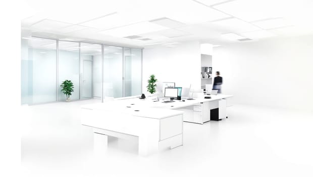 Beautiful and cheerful office with modern furniture, with desk and computer, decorated with a plants. Generative AI.