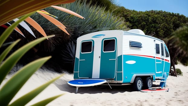 Beautiful blue and white caravan, parked on the sandy beach next to the vegetation. Generative AI.
