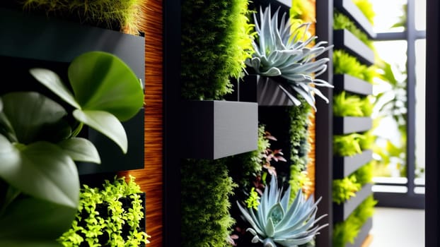 Nice sunny vertical garden of a building with numerous plants in green tones. Generative AI.