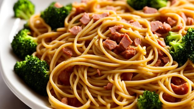 Appetizing spaghetti dish with broccoli, ham and tomato. Generative AI.