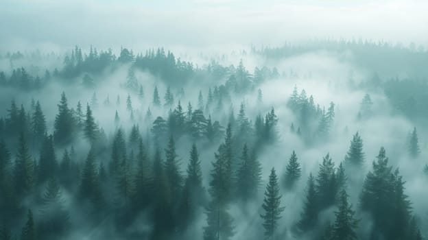 A view of a forest with fog and trees in the background