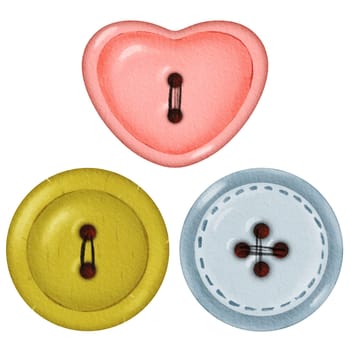 A watercolor collection of isolated objects featuring colorful buttons with threads. Available in round and heart shapes. Colors include pink, green, and blue. Suitable for crafting enthusiasts, sewing