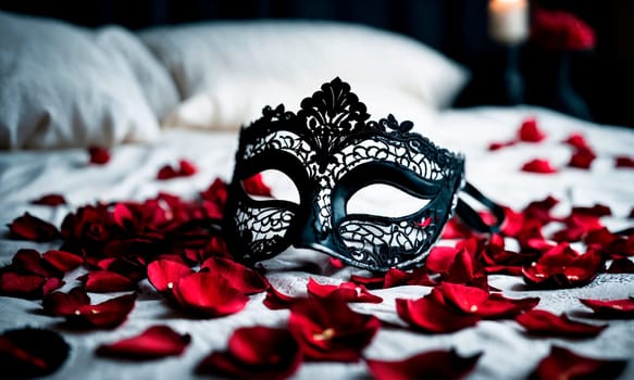 black lace mask on the bed. Selective focus. rose.