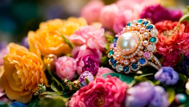 beautiful ring with a stone on a background of roses. Selective focus. nature.