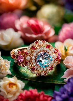 beautiful ring with a stone on a background of roses. Selective focus. nature.