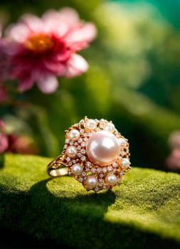 beautiful ring with a stone on a background of roses. Selective focus. nature.