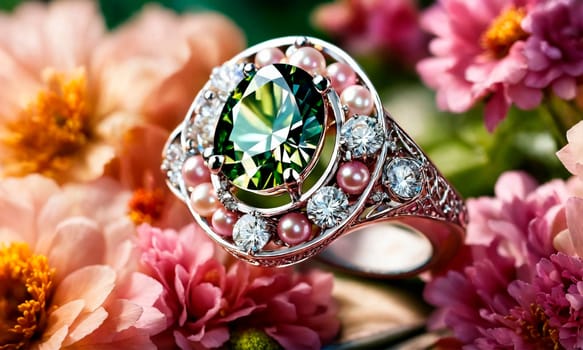 beautiful ring with a stone on a background of roses. Selective focus. nature.