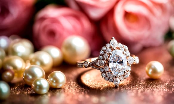 beautiful ring with a stone on a background of roses. Selective focus. nature.