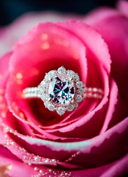 beautiful ring with a stone on a background of roses. Selective focus. nature.