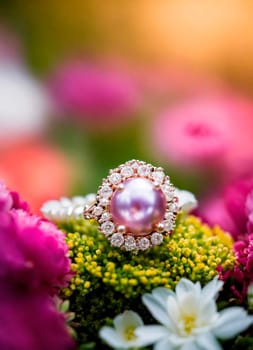 beautiful ring with a stone on a background of roses. Selective focus. nature.