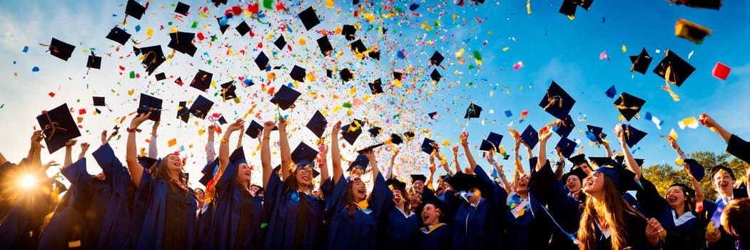 academic caps in the air at graduation. Selective focus. people.