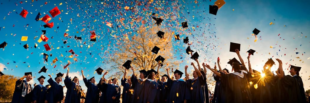 academic caps in the air at graduation. Selective focus. people.