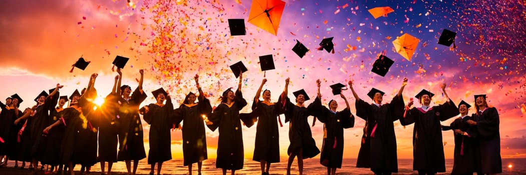 academic caps in the air at graduation. Selective focus. people.