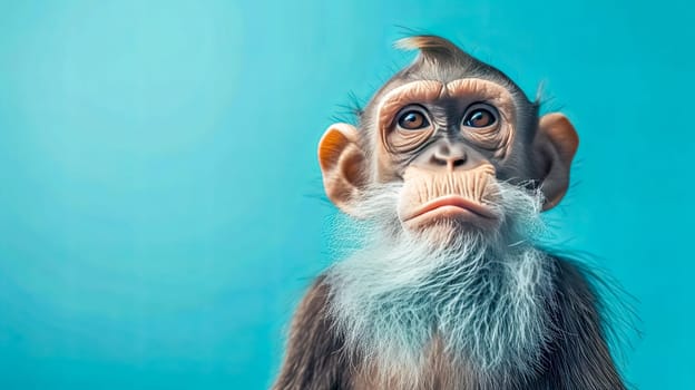 A happy primate with a beard and fur is gazing at the camera against a blue background, resembling a fictional character in an art piece