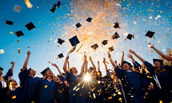 academic caps in the air at graduation. Selective focus. people.