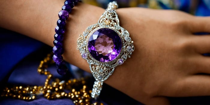 beautiful bracelet with amethyst. Selective focus. purple.