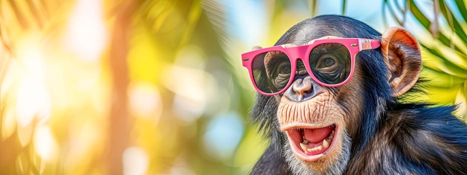 A chimpanzee with pink sunglasses on its head is perched in a tree, showcasing its impeccable eyewear style