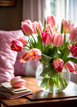 bouquet of beautiful tulips in the room. Selective focus. nature.