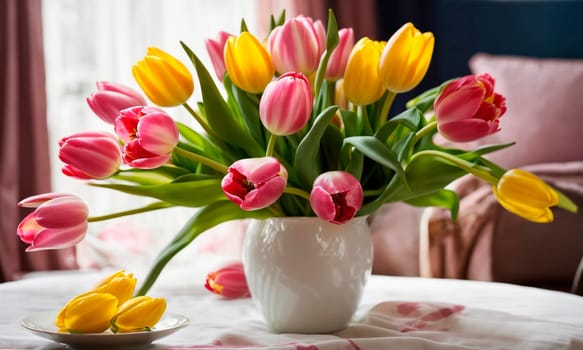 bouquet of beautiful tulips in the room. Selective focus. nature.