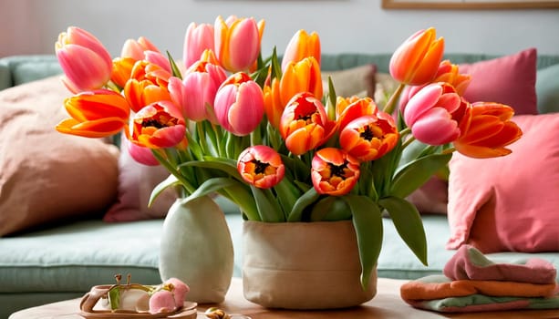 bouquet of beautiful tulips in the room. Selective focus. nature.