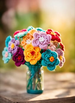 Crochet bouquet of flowers. Selective focus. color.