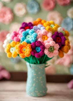 Crochet bouquet of flowers. Selective focus. color.