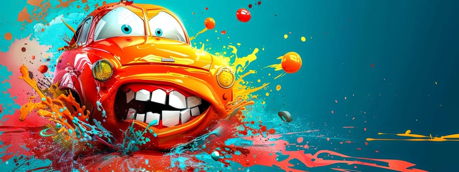 Animated Car Character Splashing in Colorful Paint, copy space