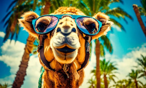 portrait of a camel against the background of palm trees. Selective focus. animal.