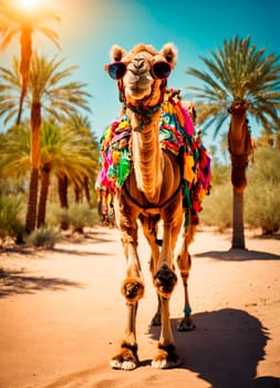 portrait of a camel against the background of palm trees. Selective focus. animal.