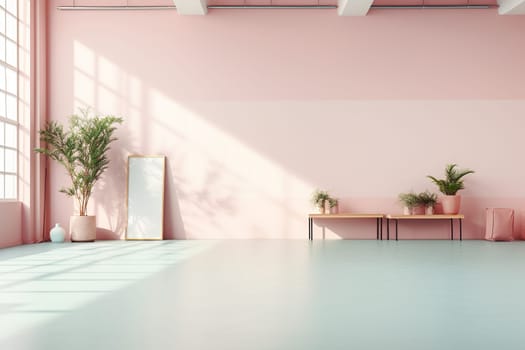 Large room with pink wall and potted plants. Stylish interior.