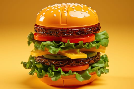 Plastic burger, salad, tomato, on a yellow background. Vertical orientation. Children's toy. The concept of harmful artificial food. Plastic Not organic.