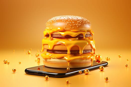 The concept of ordering burgers and fast food using phones on a yellow background.