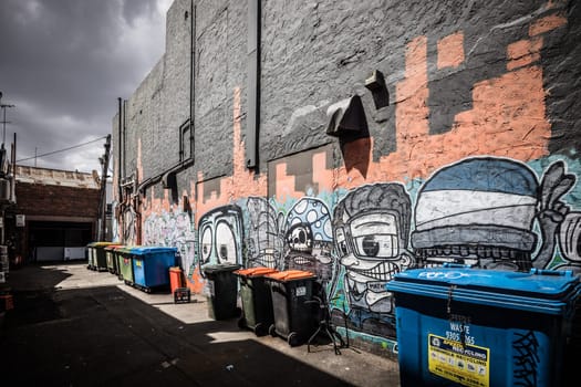 GEELONG, AUSTRALIA - JANUARY 26 2024: The laneways and artwork around Minns Lane near Little Malop St on a warm summer's morning in Geelong, Victoria, Australia