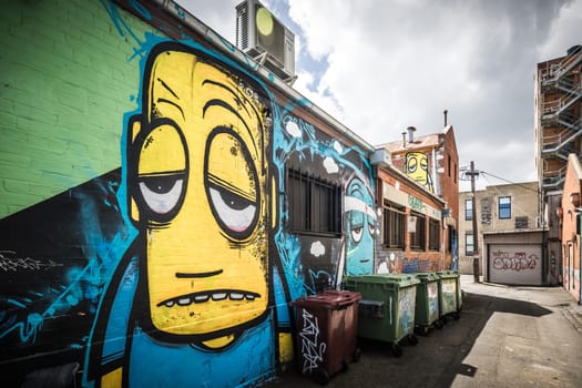 GEELONG, AUSTRALIA - JANUARY 26 2024: The laneways and artwork around Minns Lane near Little Malop St on a warm summer's morning in Geelong, Victoria, Australia