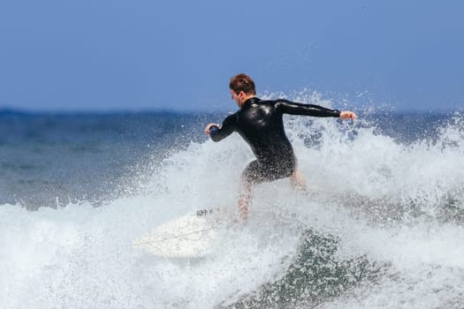 BELLS BEACH, AUSTRALIA - JANUARY 26 2024: Surfers in action at the iconic Bells Beach on a warm summer's afternoon near Torquay, Victoria, Australia