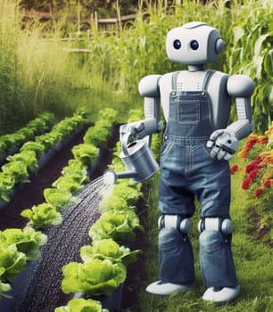 robot watering working in the farm vegetable garden to grow produce for human consumption ai generated