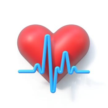 Blue cardiogram line and heart 3D rendering illustration isolated on white background