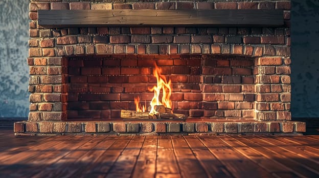 A brick fireplace adds warmth to the living room, complemented by a wooden floor. The combination of brickwork and wood provides a cozy ambiance