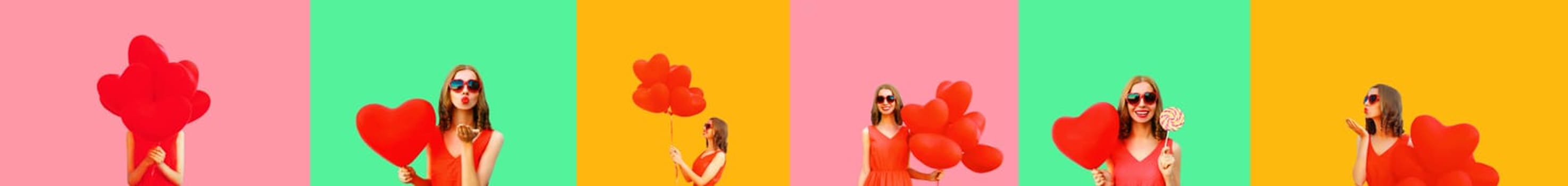 Collage of different happy smiling young woman with red heart shaped balloons having fun on colorful green pink background