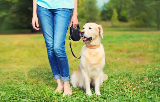 Owner woman walking with her Golden Retriever dog on leash in summer park