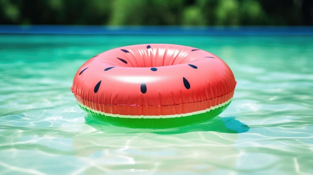 An inflatable circle in the color of a Watermelon on the surface of the pool AI