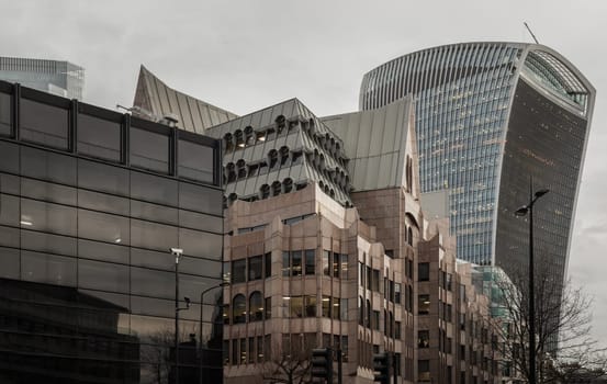 London, UK - Feb 15, 2024 - Architectural design of The modern 20 (Walkie-Talkie) and Different building on Fenchurch Street in the City of London. Space for text, Selective focus.