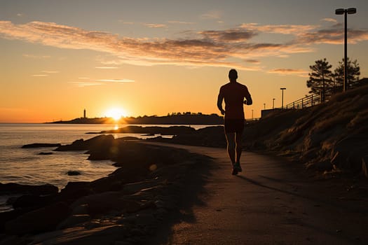 A man jogging along the seashore in the sun.