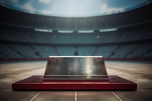 A metal pedestal against the backdrop of an empty sports stadium.