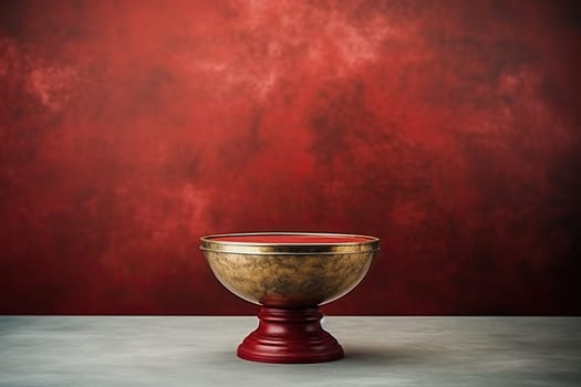 Golden bowl, cup on a background of a red wall.