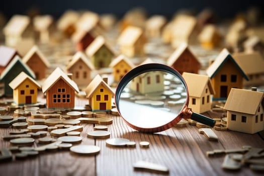 Small house under a magnifying glass. The concept of searching for housing and apartments.