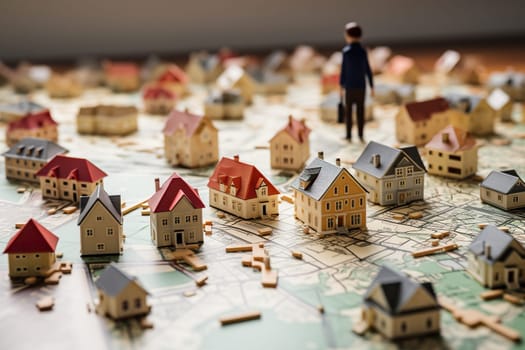 Difficulty finding housing. Wooden figure of a man looking for housing.