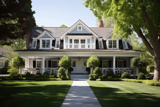 A classic American country house with a green lawn in front of the house.