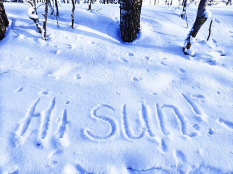 Inscription Hi Summer, written on white background of the snow. Top view. Flat lay. Winter and spring. Waiting for summer and spring