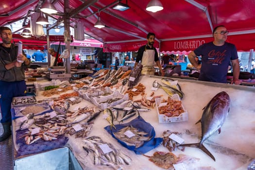 Catania, Italy - November 1, 2019: Seafood at fish market in Catania, Sicily, Italy. Fresh fish at the fish market in the old Town of Catania in the province of Sicily in Italy. 